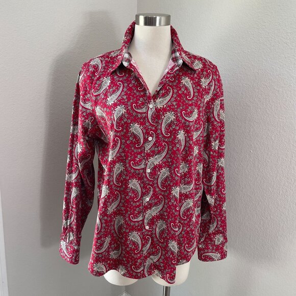 Chaps Womens XL Red Paisley Button Up  No Iron Shirt Long Sleeve Blouse Top - Picture 1 of 11